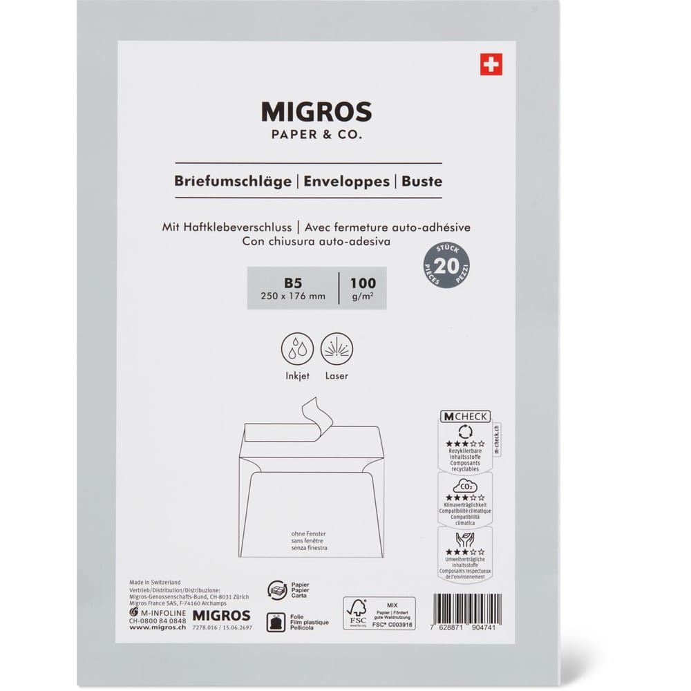 Migros Paper Co Enveloppes B5 Sans fenêtre avec fermeture auto