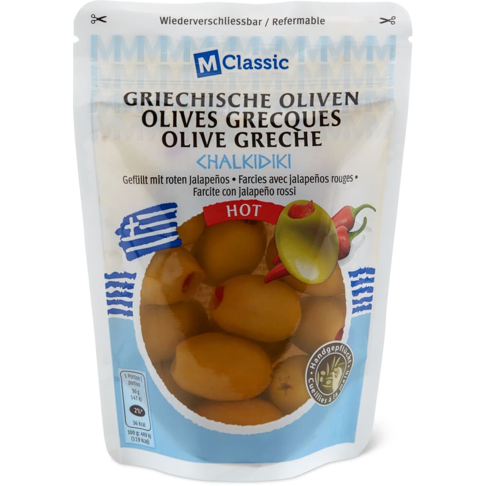 M Classic Griechische Oliven gefüllt mit roten Jalapeños Migros