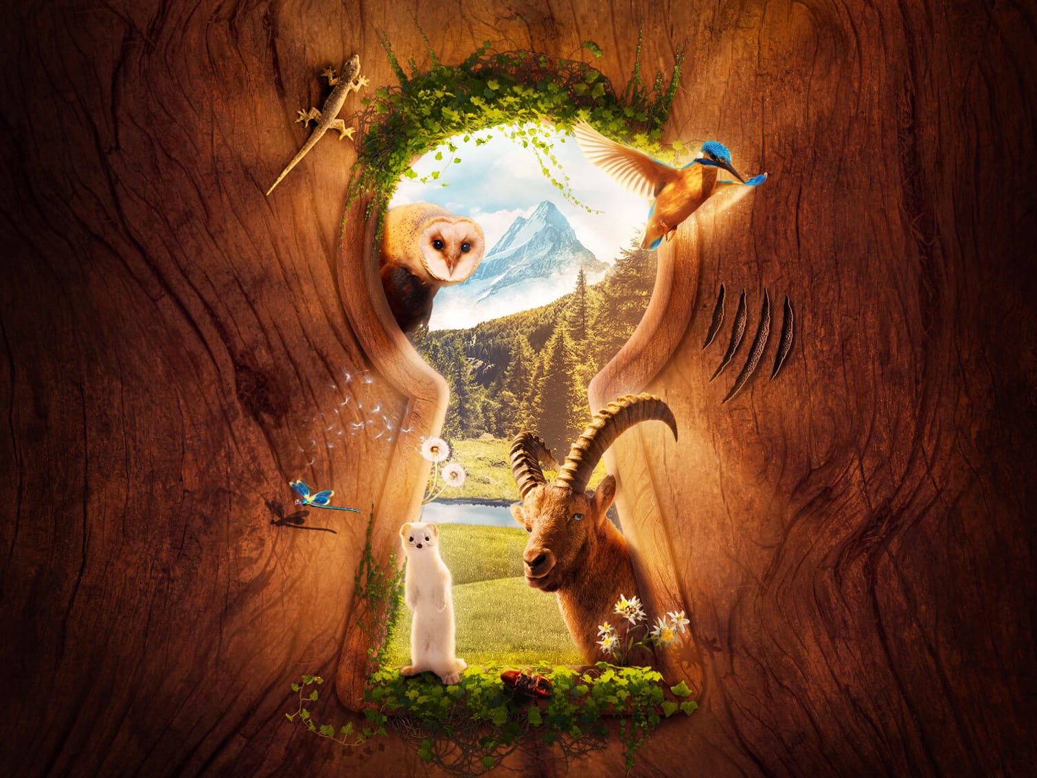 Tiere schauen durch das Schlüsselloch einer Tür