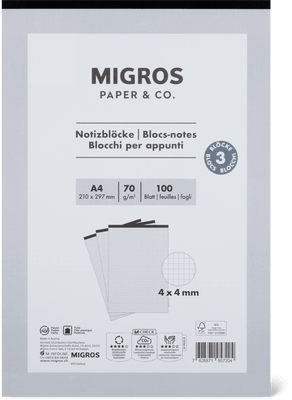 Migros Paper & Co. Notizblock A4, 4mm, 3x100 Blatt, 70g