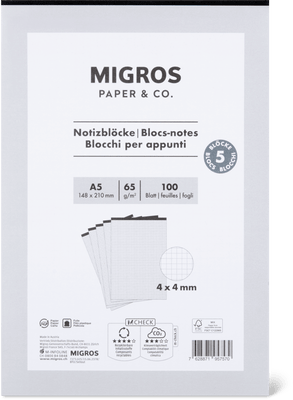 Migros Paper & Co. Notizblock A5, 4mm, 5x100 Blatt, 65g