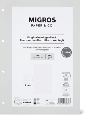 Migros Paper & Co. Blocco con fogli per raccoglitori A4, 4 mm a quadretti, 100 g, 2 x 100 fogli