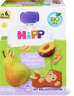 Hipp Bio Pochettes souples poire, prune et céréales complètes  6+M