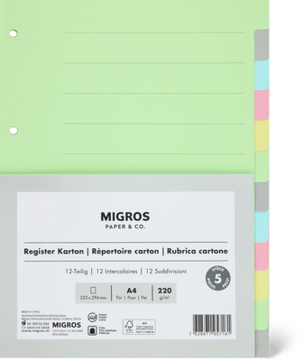 Migros Paper & Co. Répertoire carton A4, 12 intercalaires, différentes couleurs