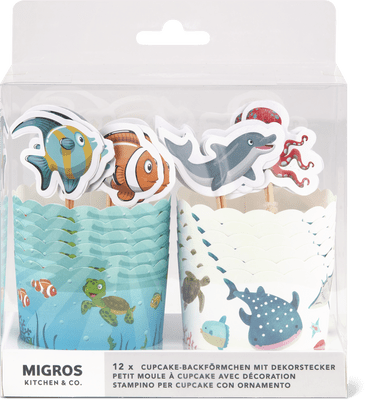 Set per muffin da 12 con topper con motivi di animali marini