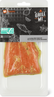 Grill mi Lachsschwanzfilet mit Honig-Senf Marinade
