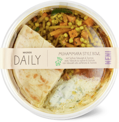 Migros Daily Muhammara Style Bowl mit Safran-Tabouleh & Tzatziki