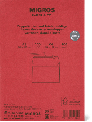 Migros Paper & Co. Bastelkarten A6 15 Stück, Rot, inkl. Couvert