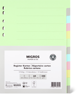 Migros Paper & Co. Separatori in cartoncino per rubrica 4 pezzi, colorati