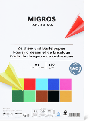Migros Paper & Co. Zeichenpapier A4, bunt, 130 g, 60 Blatt