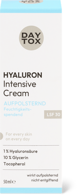 Daytox Crème intense à l'acide hyaluronique SPF 30 Acide hyaluronique, glycérine, tocophérol