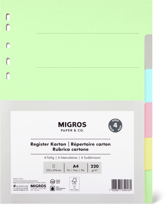 Migros Paper & Co. Jeu d’intercalaires en carton A4, 6 onglets, différentes couleurs