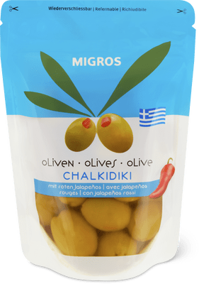Migros Olives grecques Chalkidiki farcies avec jalapeños rouges