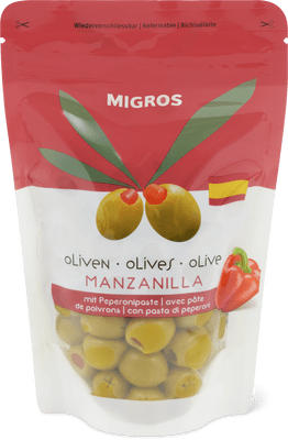 Migros Spanische Oliven Manzanilla gefüllt mit Peperonipaste