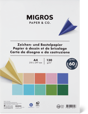 Migros Paper & Co. Carta da disegno e da bricolage colorata A4