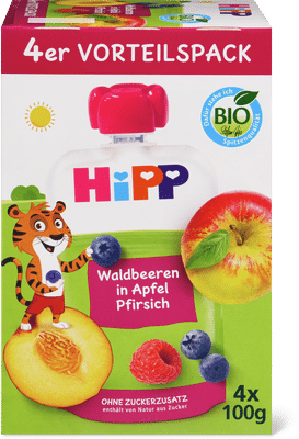 Hipp Bio Quetschbeutel Waldbeeren in Apfel Pfirsich Vorteilspack, ab 1 Jahr