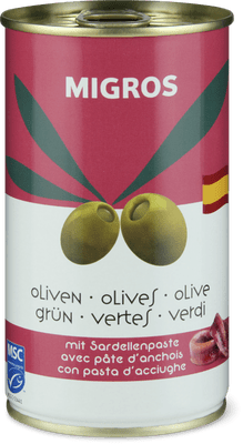 Migros grüne Oliven gefüllt mit Sardellenpaste
