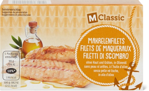 Migros Mackerel fillets skinless and boneless, in olive oil