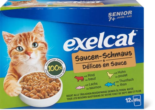 Exelcat Senior 7+ sauce feast with beef, chicken, salmon and tuna