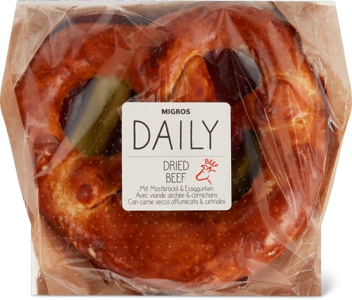 Daily Pretzel With Mostbröckli Dried Beef & Pickled Gherkins