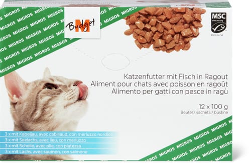 M-Budget Cat food with fish in ragout Cod, pollack, plaice, salmon