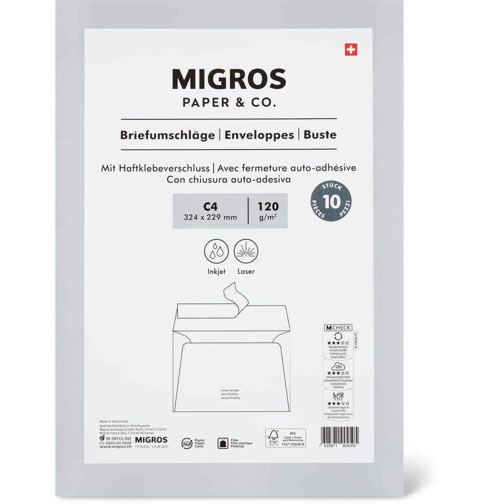 Migros Paper & Co. Briefumschläge C4 Ohne Fenster, mit Haftklebeverschluss