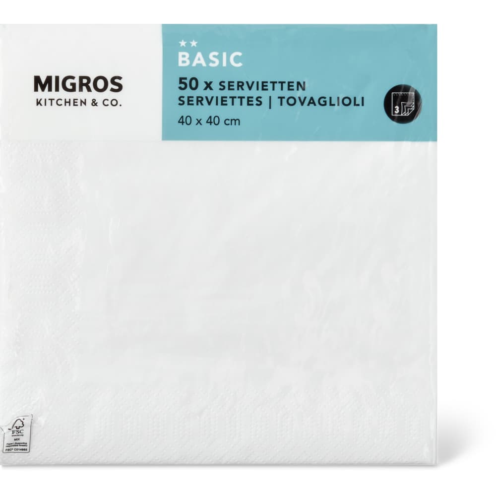Migros Kitchen & Co. Tissue-Servietten, 3-lagig, 40x40cm Weiss