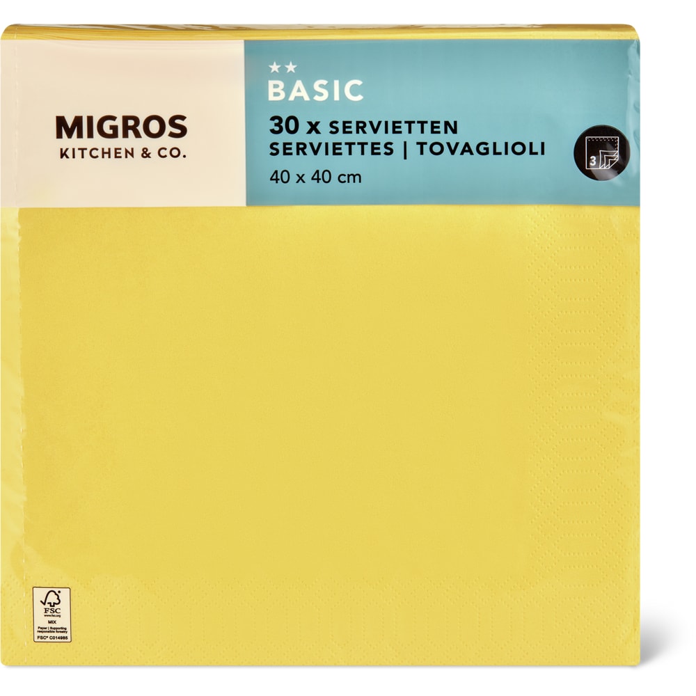 Migros Kitchen & Co. Papierservietten Gelb, 40x40cm