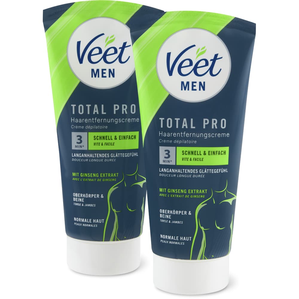 Veet Men Total Pro · Hair Removal Cream 2x · Upper body and legs