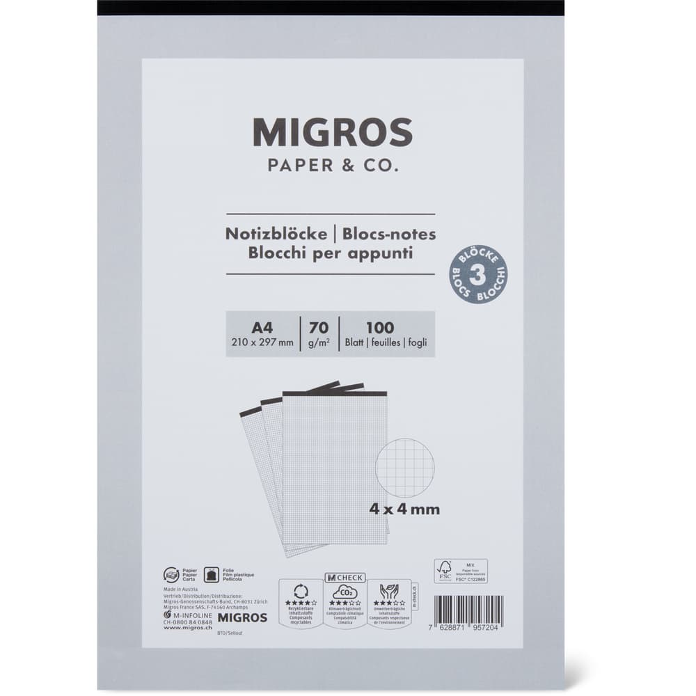 Migros Paper & Co. Notizblock A4, 4mm, 3x100 Blatt, 70g