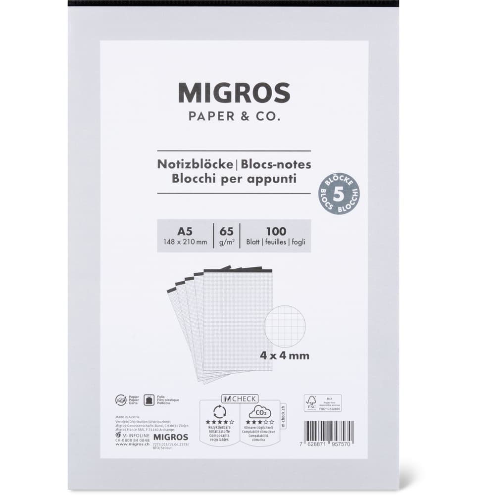 Migros Paper & Co. Notizblock A5, 4mm, 5x100 Blatt, 65g