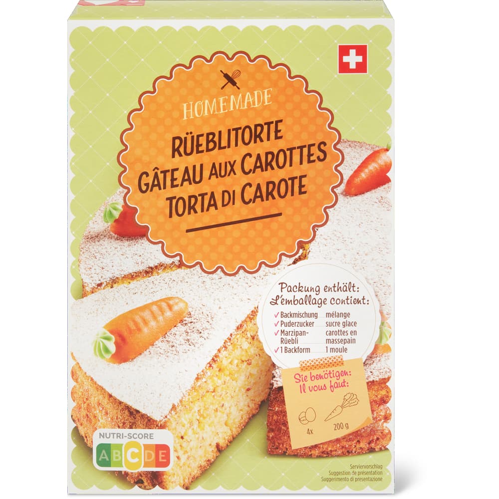 Homemade Backmischung für Rüebli-Torte mit Backform, mit Marzipanrüebli,,mit Puderzucker