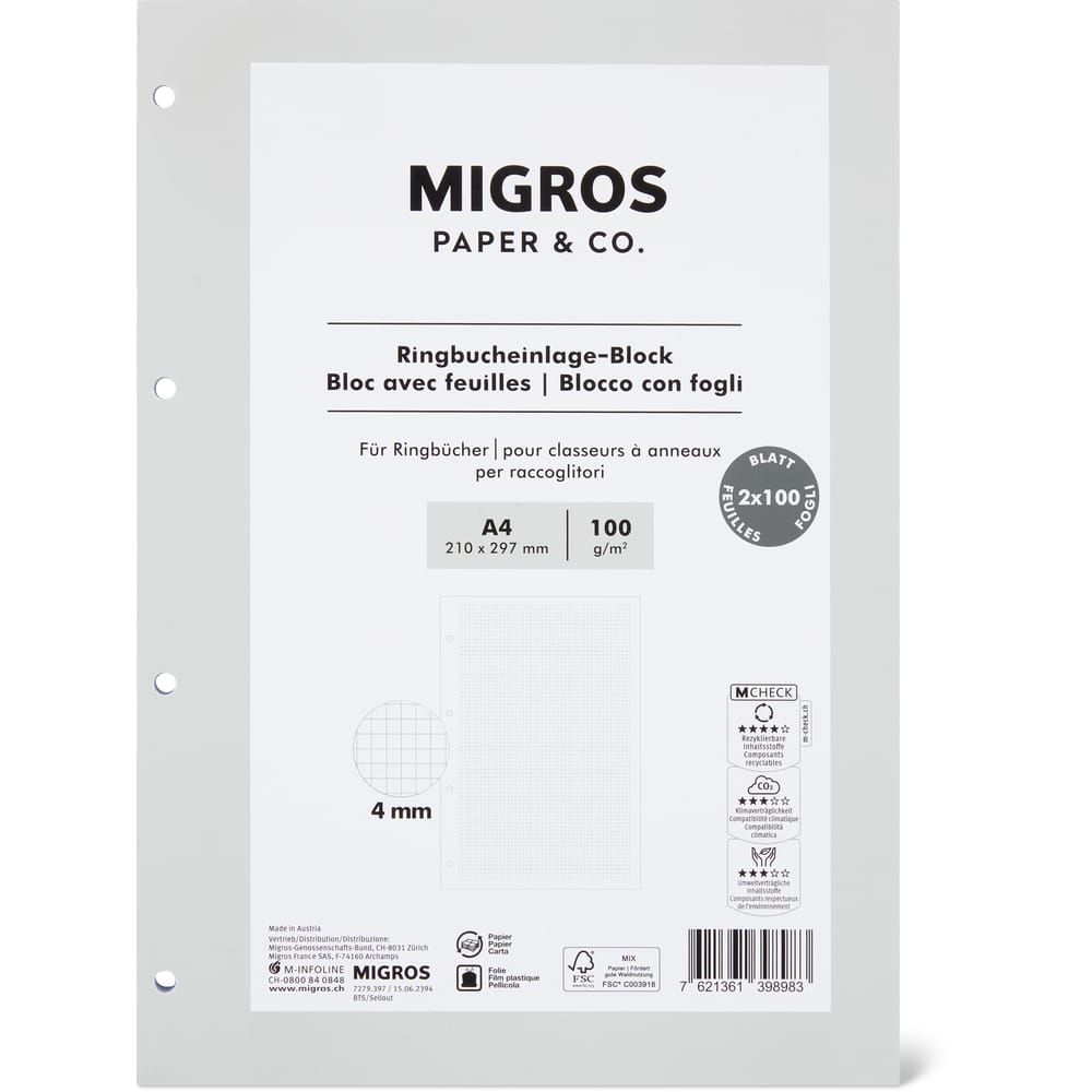 Migros Paper & Co. Ringbucheinlage-Block A4, 4 mm kariert, 100 g, 2 x 100 Blatt
