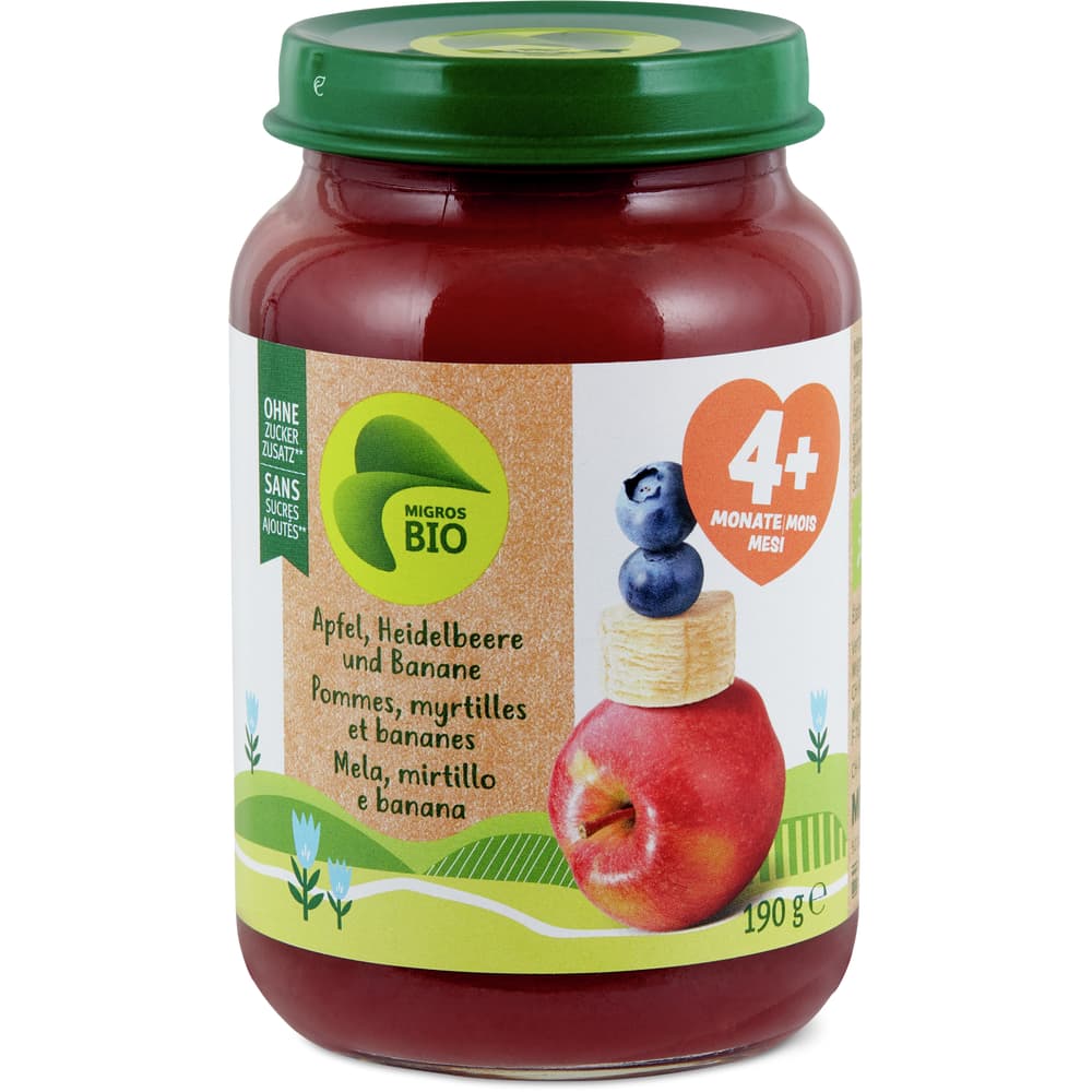 Migros Bio Babygläschen Apfelkompott, Heidelbeeren & Bananen Ab 4 Monaten
