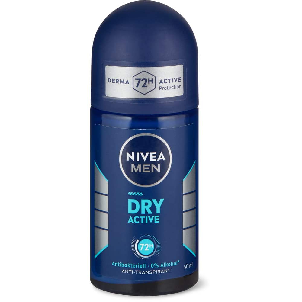Nivea Men Deo Roll-on Dry Active 72h, 0% Alkohol, Antibakteriell, Anti-Transpirant