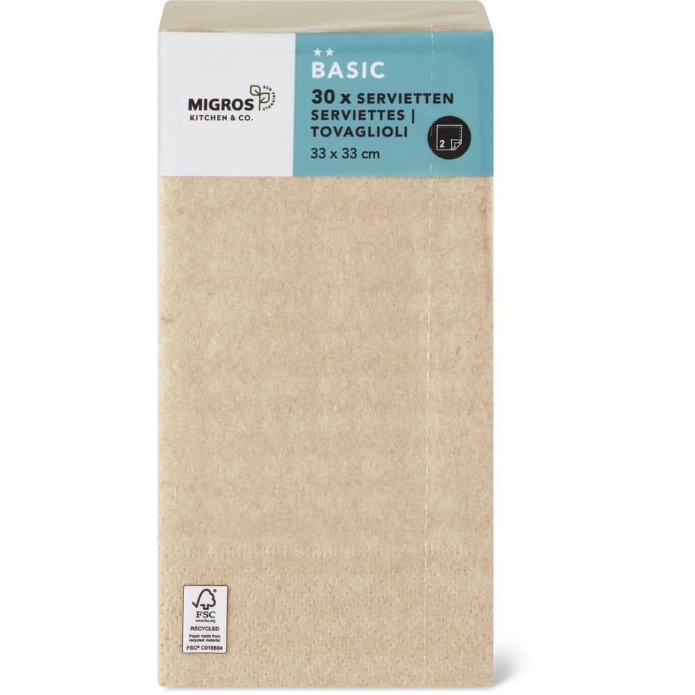Migros Kitchen & Co. Papierservietten Natur, 1/8 Falz 33x33cm, reycelt