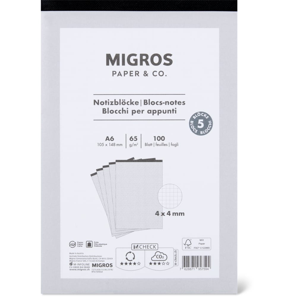 Migros Paper & Co. Notizblock A6, 4mm, 5x100 Blatt, 65g