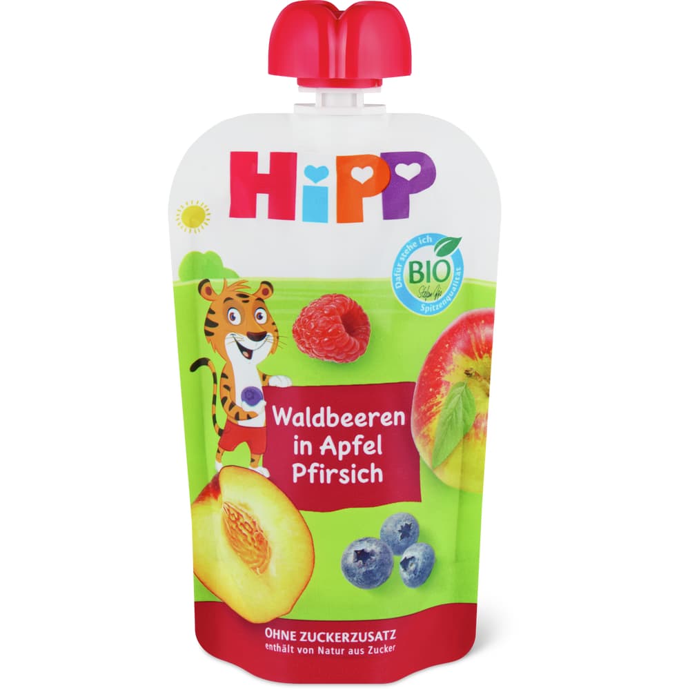 Hipp Quetschbeutel Waldbeere, Apfel & Pfirsich Bio, ab 1 Jahr , ohne Zuckerzusatz