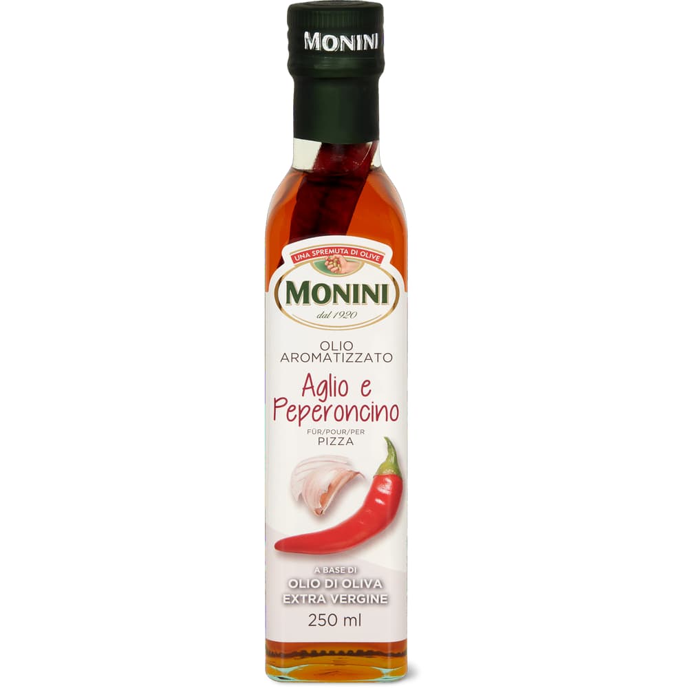 Monini Aromatizzato Native Olivenöl für Pizza mit Knoblauch und Chili