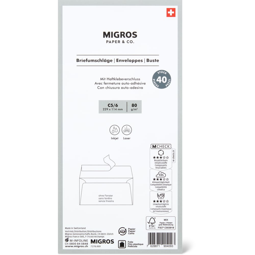 Migros Paper & Co. Briefumschläge C5/C6 Ohne Fenster, mit Haftklebeverschluss