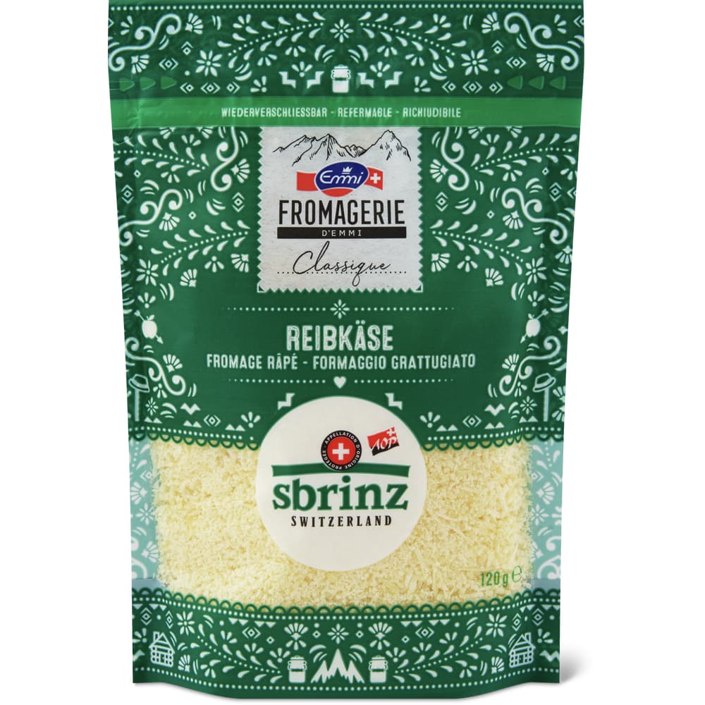 Emmi Sbrinz · Schweizer Extra-Hartkäse, vollfett, mit Rohmilch · gerieben