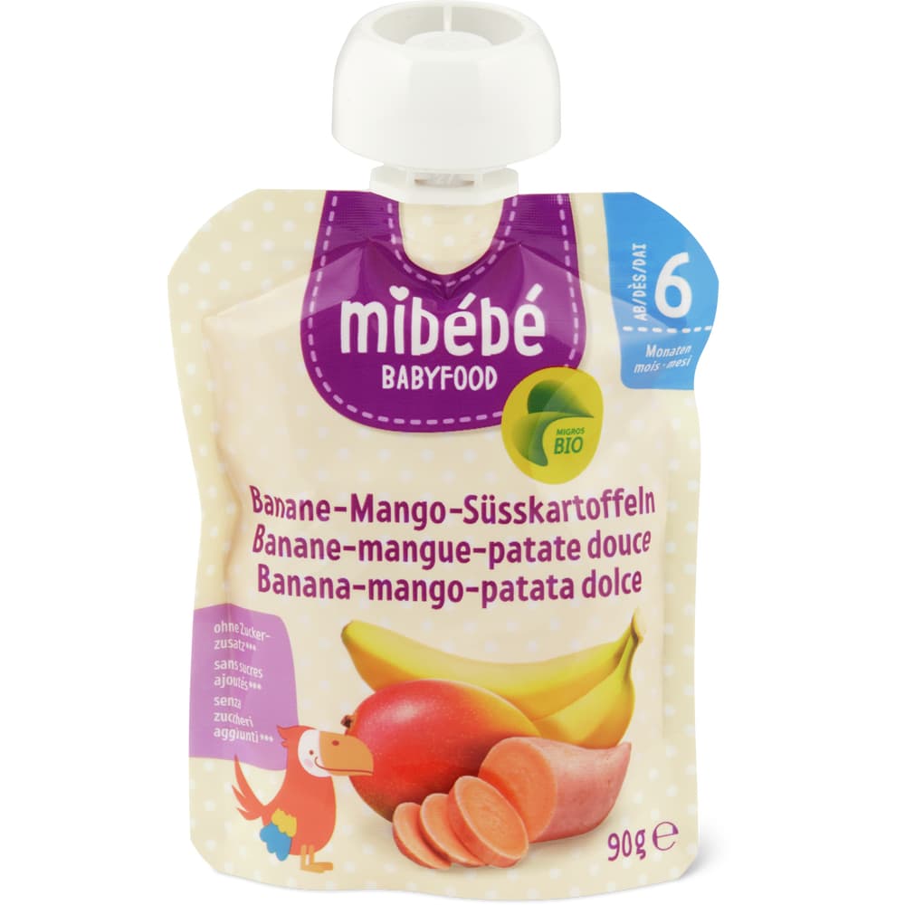 Mibébé Bio Babyfood Quetschbeutel für Babys Banane-Mango-Süsskartoffeln Ab 6 Monaten