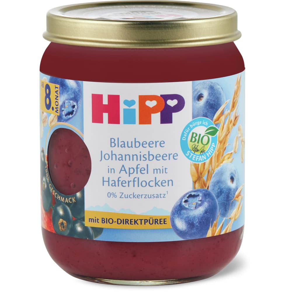 Hipp · Blueberry, blackcurrant and apple puree with oat flakes