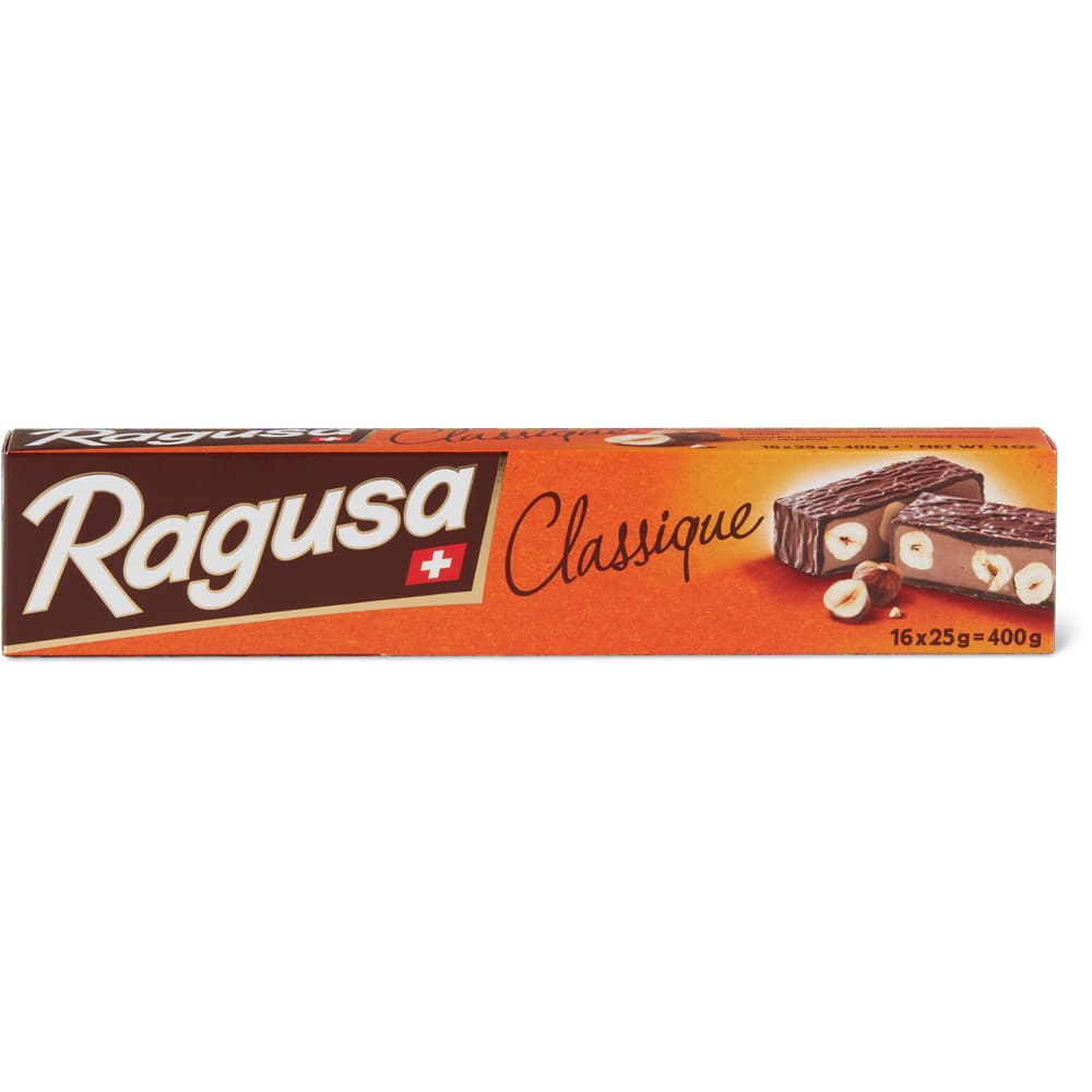 Ragusa Schokolade-Riegel mit Praliné-füllung und ganzen Haselnüssen.