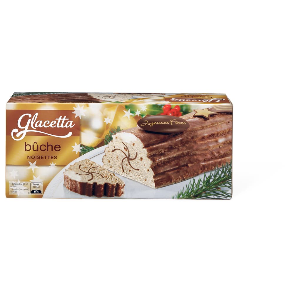 Glacetta Bûche glacée mit Praline-Sauce und Haselnuss-Splittern