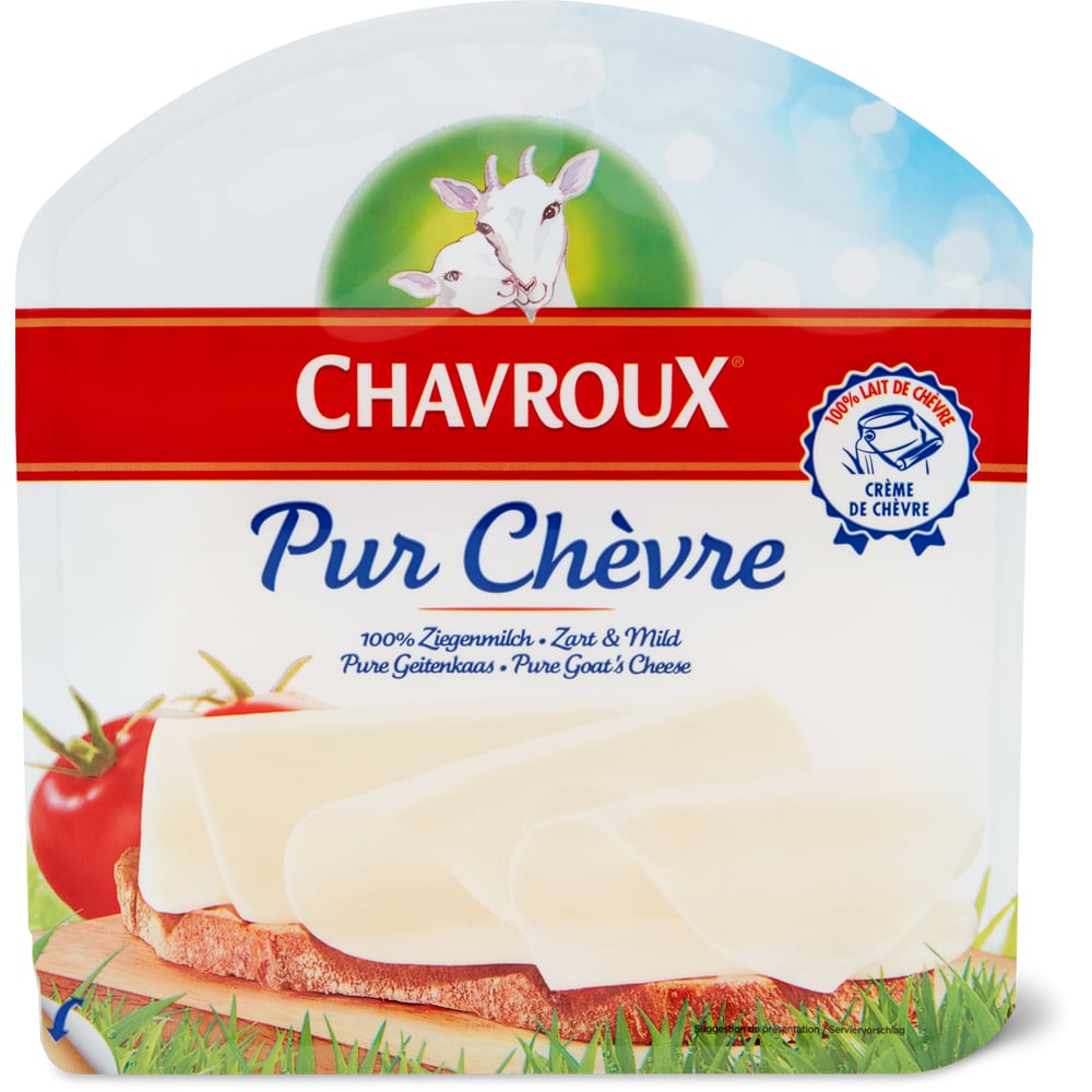 Chavroux Pur Chèvre Französischer Halbhartkäse , fett, aus pasteurisierter Ziegenmilch in Scheiben
