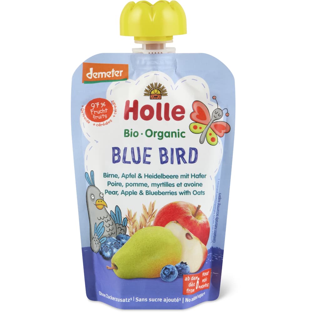 Holle Bio Demeter Quetschbeutel für Babys Birne, Apfel, Heidelbeere und Hafer Ab 6 Monaten