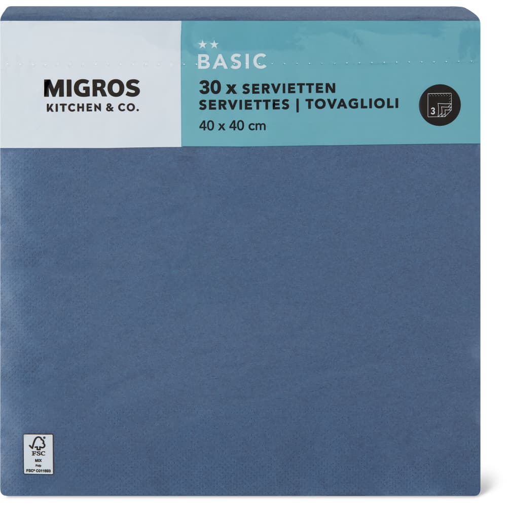 Migros Kitchen & Co. Papierservietten Blau, 40x40 cm, 3 lagig