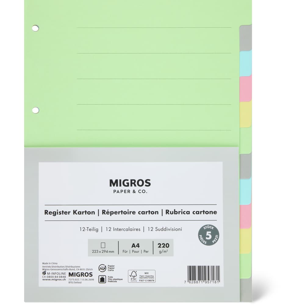 Migros Paper & Co. Kartonregister A4, 12-teilig, bunt