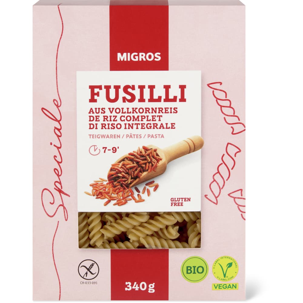 Migros Fusilli Bio, Vollkornreis, vegan, glutenfrei
